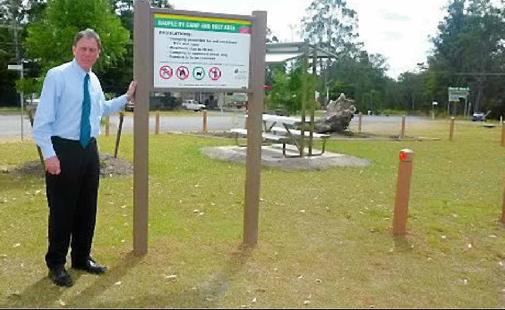 Fraser Coast Mayor Gerard O’Connell at the Bauple RV park before the shelter was installed. Fraser Coast Mayor Gerard O’Connell at the Bauple RV park before the shelter was installed.